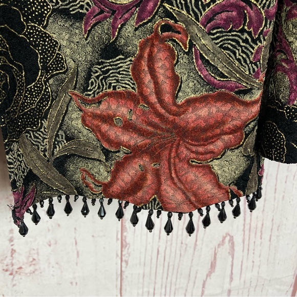 Dressbarn Size 18 20 Beaded Fringe Cardigan Black Floral Glitter Textured Slinky - Picture 5 of 13